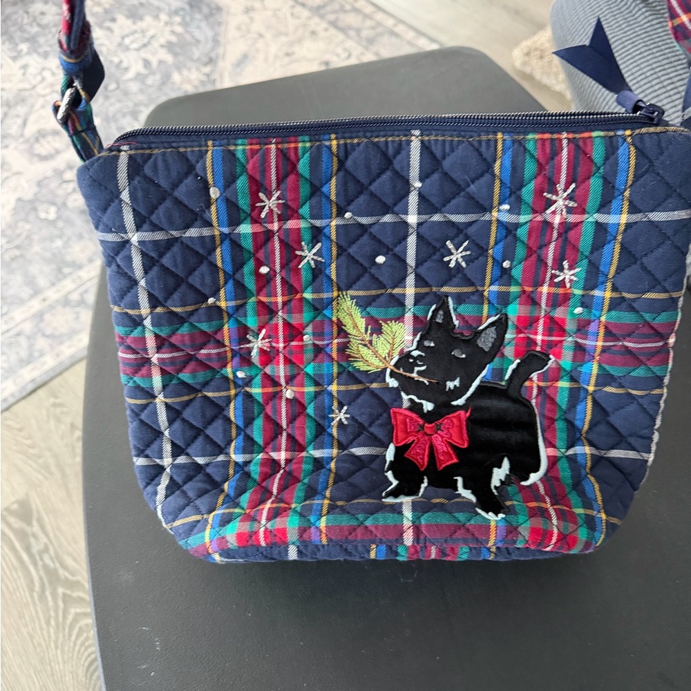 Plaid Quilted Shoulder Bag with Dog Design